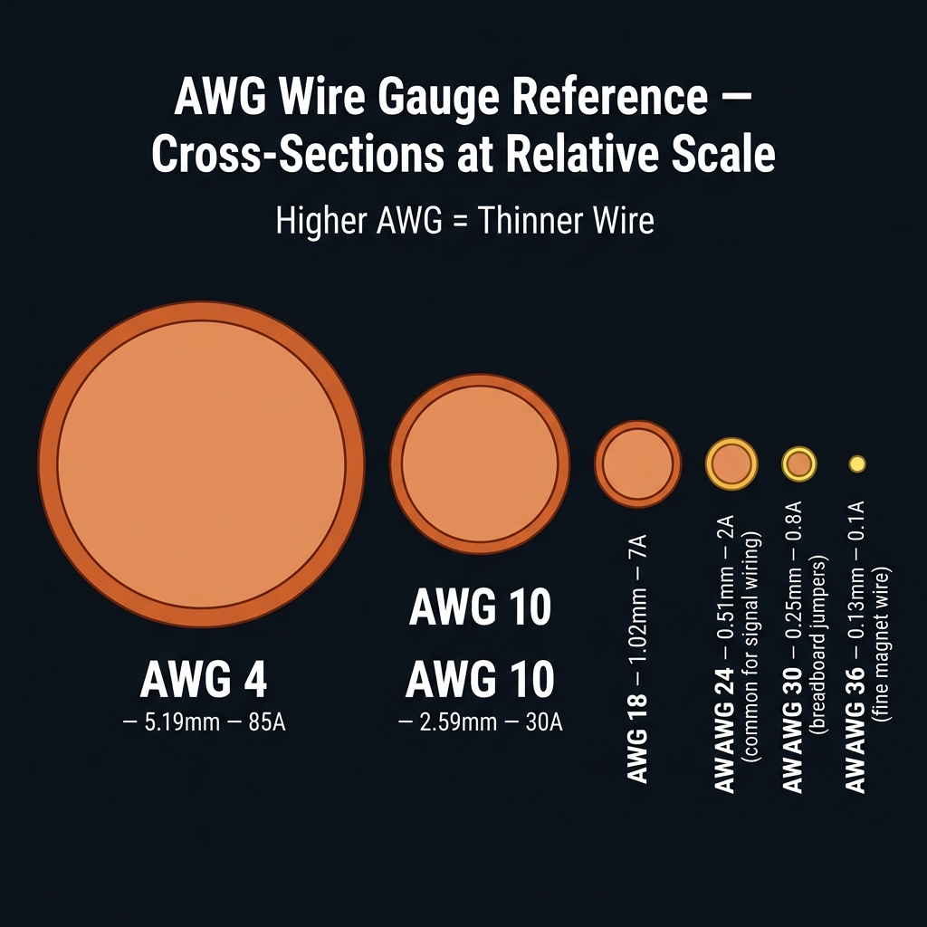 AWG Wire Gauge Cross-Section Size Comparison showing relative diameters from AWG 4 to AWG 36