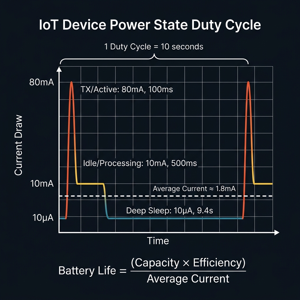 IoT Device Power State Duty Cycle Timing Diagram showing active, idle, and deep sleep current states