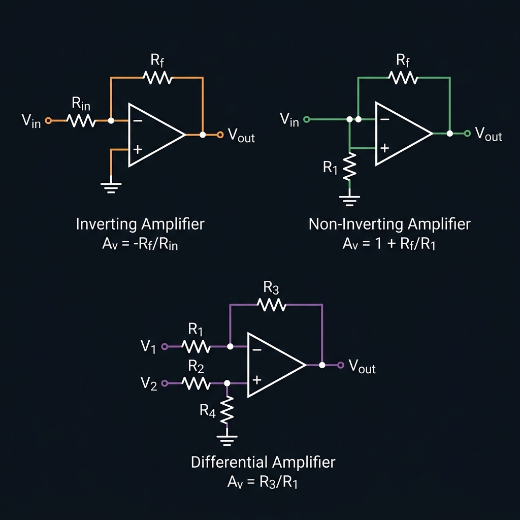 Op-Amp Inverting, Non-Inverting, and Differential Amplifier Circuit Schematics