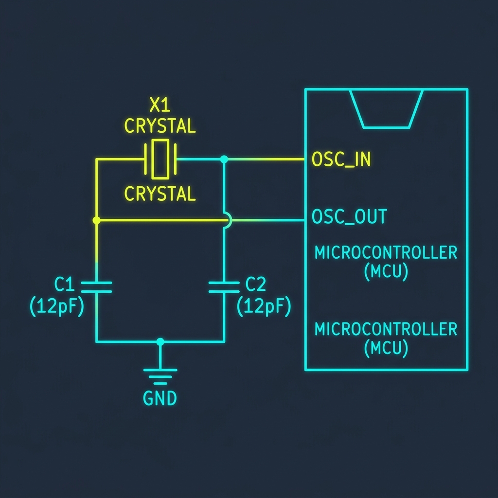 Quartz Crystal Oscillator Circuit Schematic Diagram showing Crystal, C1, and C2
