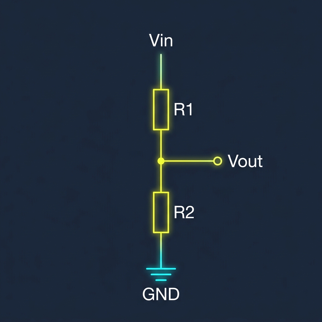 Voltage Divider Circuit Schematic Diagram showing Vin, R1, Vout, and R2 to ground
